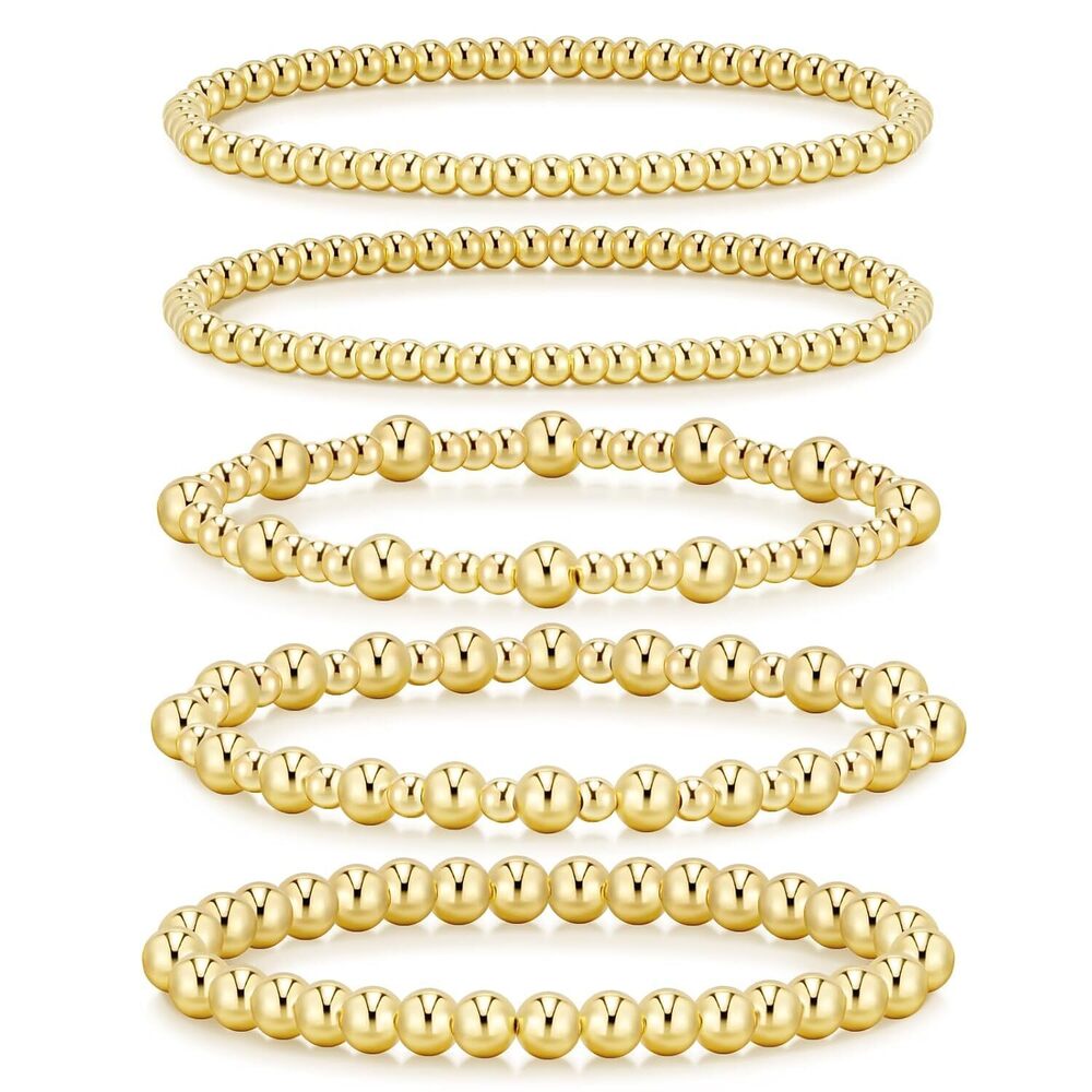 Gold Bracelets for Women, 14K Gold Plated Beaded Stretch Bracelet Strand